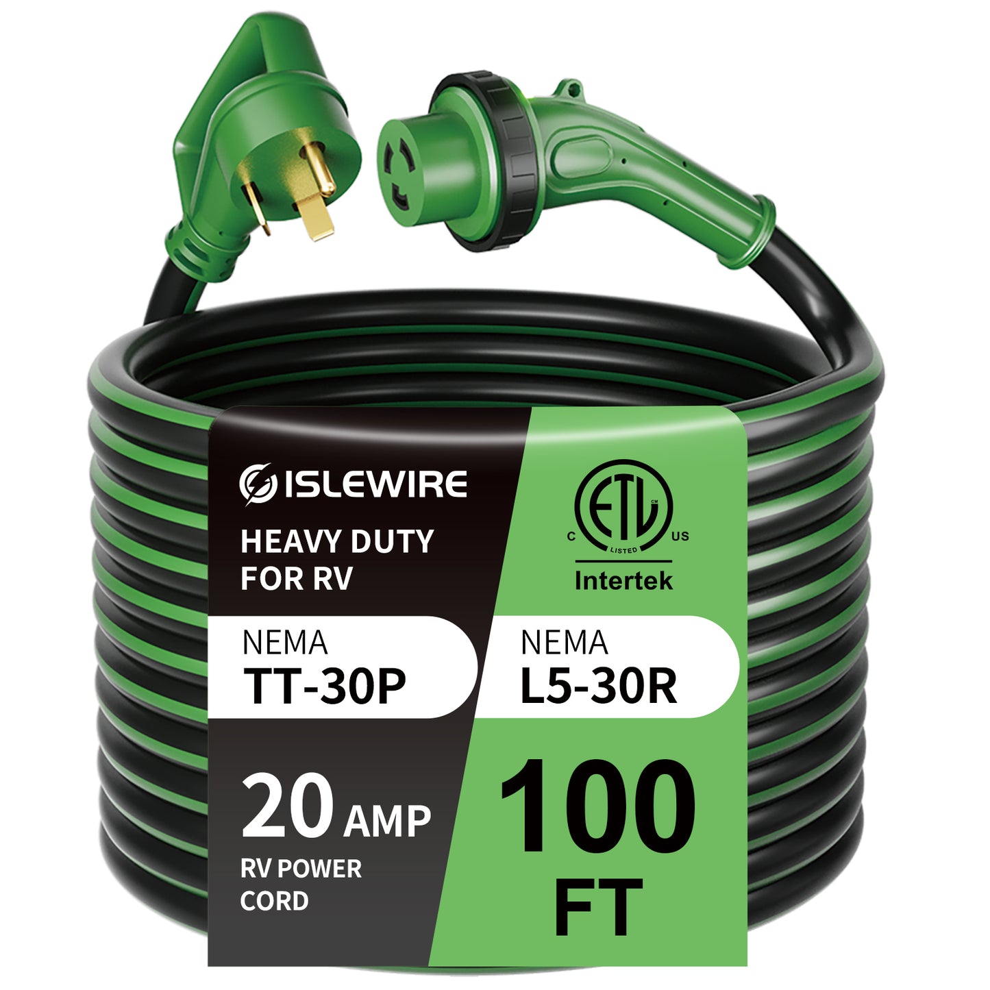 30 Amp RV Power Cord NEMA TT-30P to L5-30R with LED Power Indicator Twist Connector