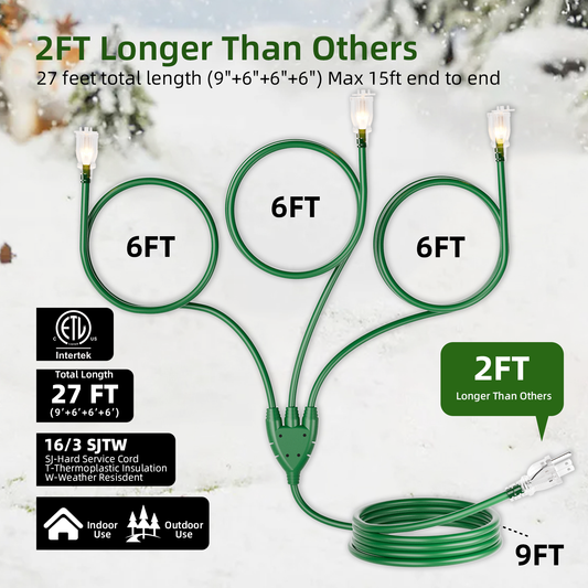 27FT Outdoor Extension Cord with Multiple Outlets, 1 to 3 Cord Splitter Power Cord for Halloween Christmas, ETL
