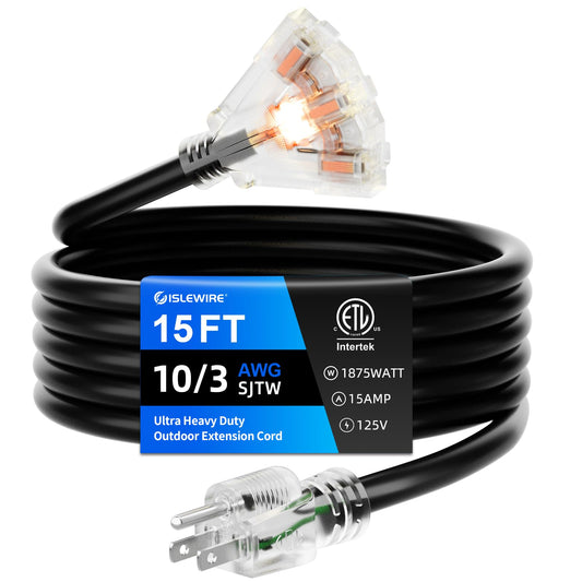 15FT 10 Gauge Outdoor Extension Cord with Multiple Outlets, Heavy Duty Waterproof 3 Prong Power Cord with Lighted 3-Outlets, 15A 1875W Black Extension Cord for Garage, Garden, Jobsite, ETL Listed