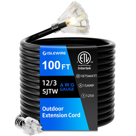 100 FT Outdoor Extension Cord with Multiple Outlets, 12 Gauge Heavy Duty Yellow Extension Cord Waterproof with 3 Outlet, 3 Prong Power Cord for Garden and Home Use Indicator Light, ETL Listed