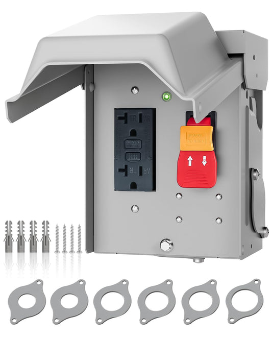 Outdoor Outlet Box with 20 AMP WRTR GFCI Receptacle, Weatherproof 3R Enclosure, Rainproof Metal Cover, Pre-Drilled Wiring Holes, Perfect for Patio Lights and Outdoor Power, ETL Listed
