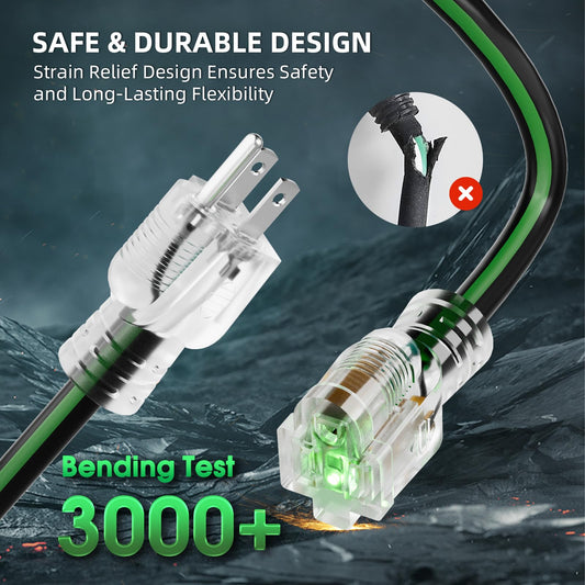 islewire 10FT 10/3 Outdoor Extension Cord, 10 AWG Ultra Heavy Duty 3-Prong SJTW, Waterproof, Flexible Cold-Resistant, Indoor/Outdoor, LED Lighted End, 15 Amp 1875W, Black & Green, ETL Listed