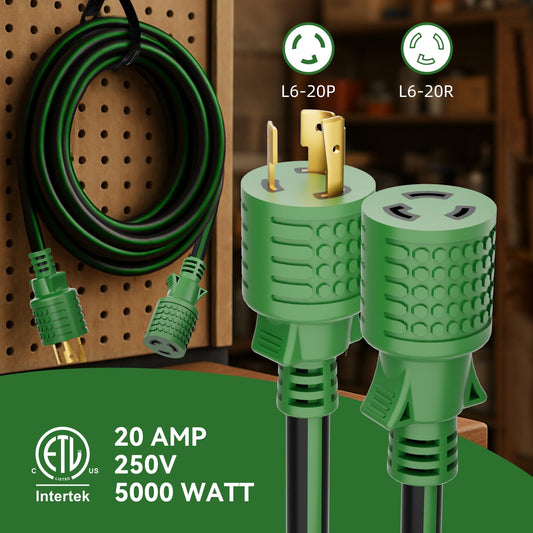 L6-20 Extension Cord 10FT, 20 Amp 250V 5000W, NEMA L6-20P to L6-20R Twist-Lock Power Cord, 12AWG/3 Heavy Duty SJTW, ETL Listed 20 Amp Extension Cord for Workshop, Industrial & Data Center Use