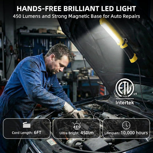 LED Trouble Light with Strong Magnet, 6FT Handheld Corded Work Lights, Double Swivel Hook, 16 AWG LED Work Light for Car Repair, Garage, Machinery and Workshop, ETL Listed, Yellow