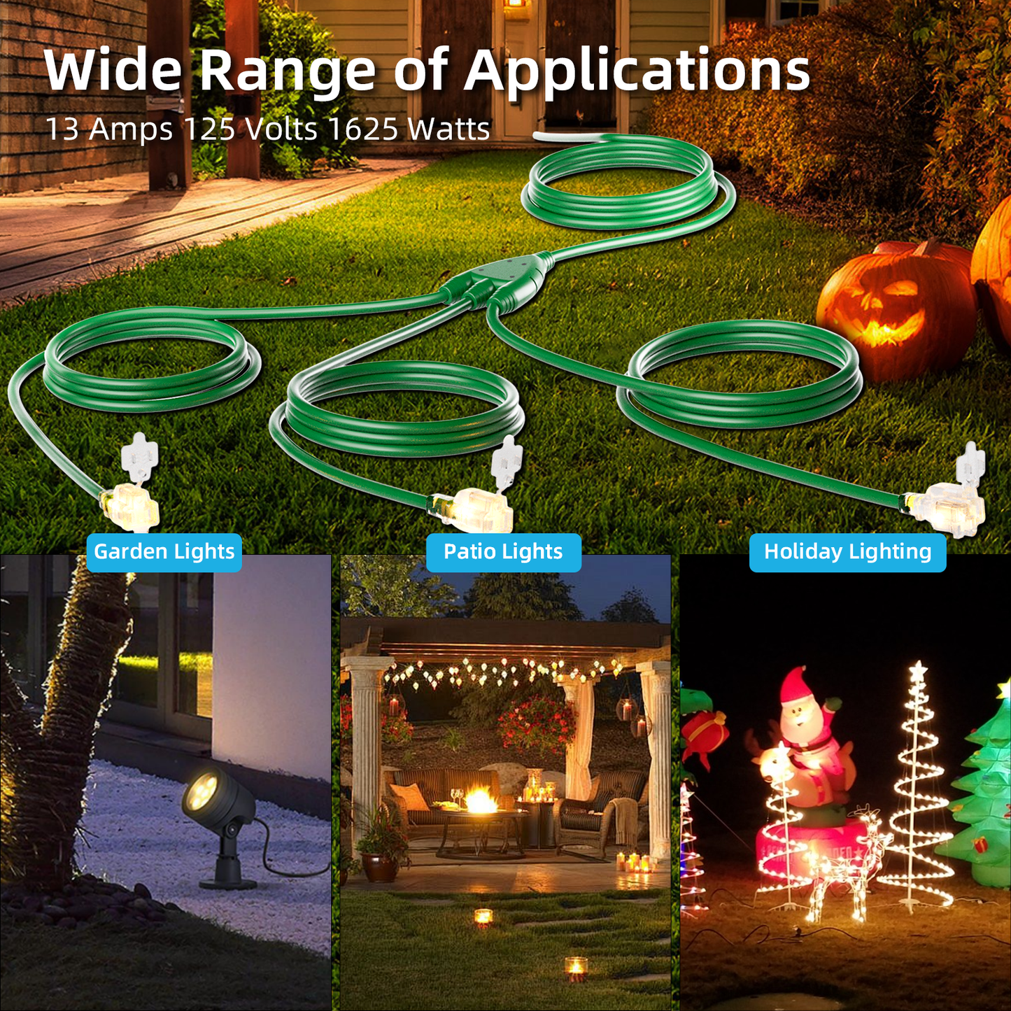27FT Outdoor Extension Cord with Multiple Outlets, 1 to 3 Cord Splitter Power Cord for Halloween Christmas, ETL