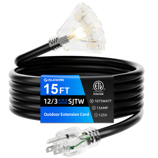 12 AWG 3 Outlet Outdoor Extension Cord Waterproof Black Extension Cord with Multiple Outlets