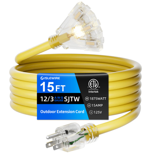 12 AWG 3 Outlet Outdoor Extension Cord Waterproof Yellow Extension Cord with Multiple Outlets