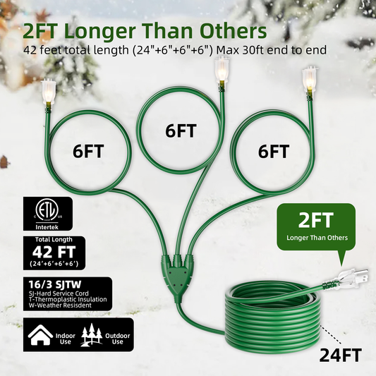 42FT Outdoor Extension Cord with Multiple Outlets, 1 to 3 Cord Splitter for Halloween Christmas, ETL