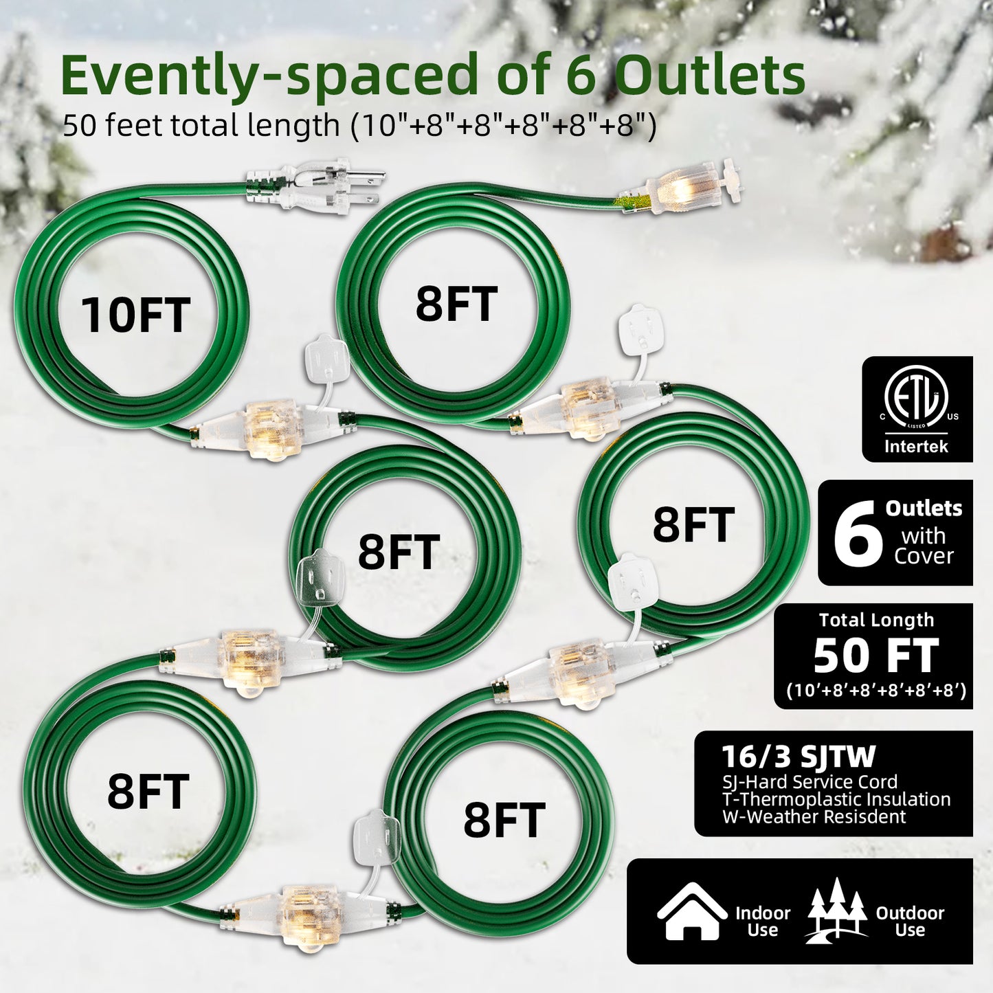 50 FT Outdoor Extension Cord with Multiple Outlets, Evenly Spaced 6 Outlets with Indicator Lights