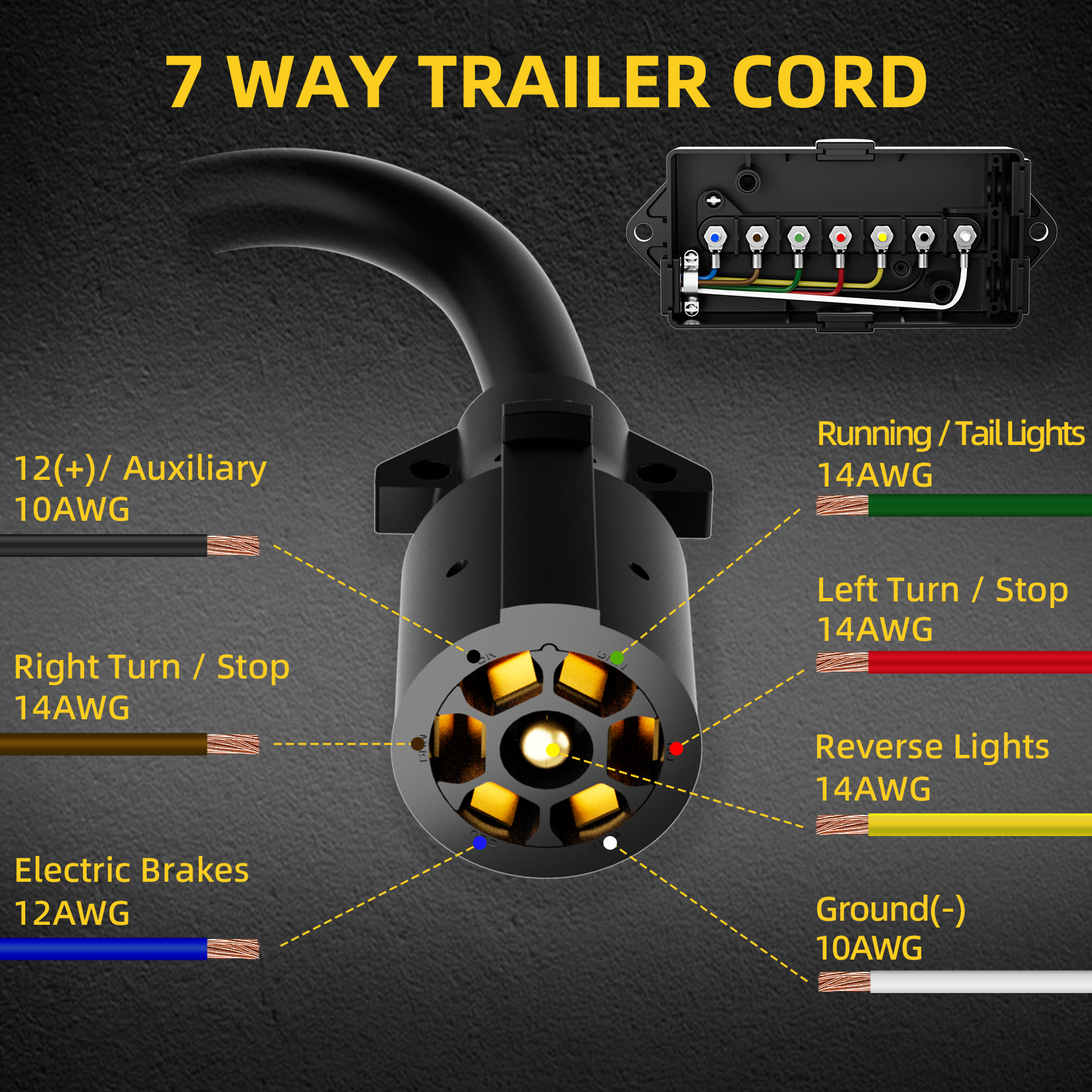 RVGUARD 7 Way 16 Foot Trailer Cord With 7 Gang Junction Box