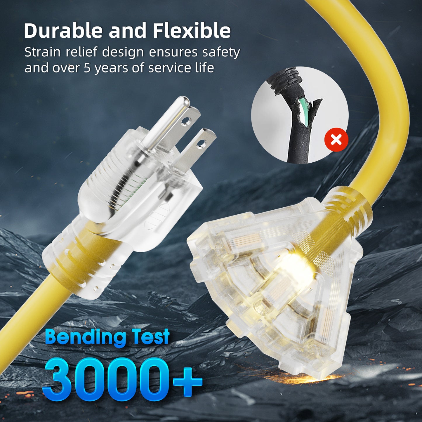 12 AWG 3 Outlet Outdoor Extension Cord Waterproof Yellow Extension Cord with Multiple Outlets