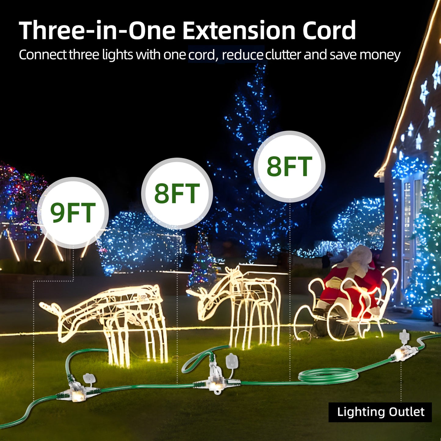 25 FT Outdoor Extension Cord with Multiple Outlets, Evenly Spaced 3 Outlets with Indicator Lights