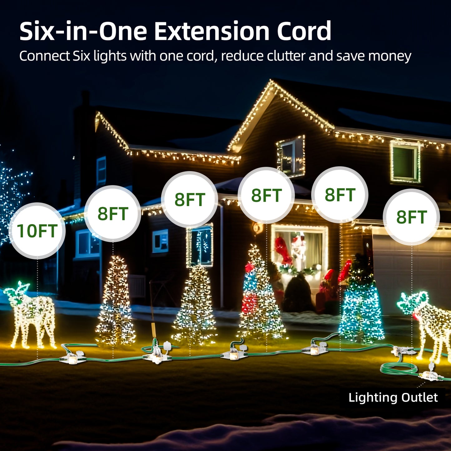 50 FT Outdoor Extension Cord with Multiple Outlets, Evenly Spaced 6 Outlets with Indicator Lights