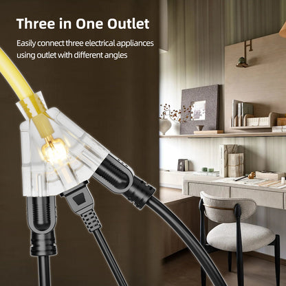 12 AWG 3 Outlet Outdoor Extension Cord Waterproof Yellow Extension Cord with Multiple Outlets