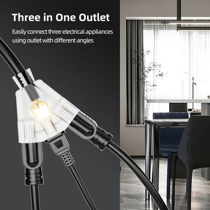 12 AWG 3 Outlet Outdoor Extension Cord Waterproof Black Extension Cord with Multiple Outlets