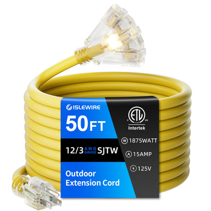 12 AWG 3 Outlet Outdoor Extension Cord Waterproof Yellow Extension Cord with Multiple Outlets