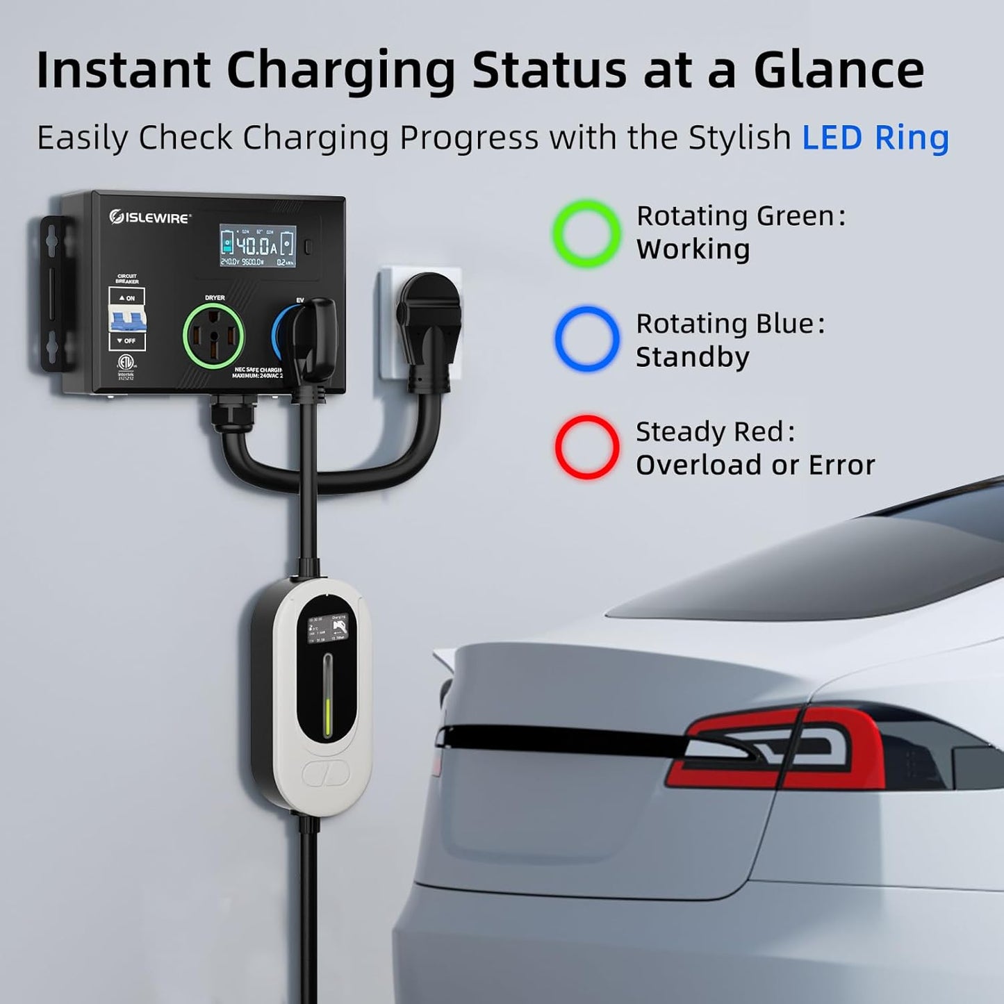 Smart NEMA Socket Splitter 240V for EVs, Auto Power Switch for Level 2 Dual Electric Vehicle (EV) Charging, 3-Color LED Ring, 3.4" LCD Display, No Rewiring Needed, ETL Certified (40 Amp, NEMA 14-50)