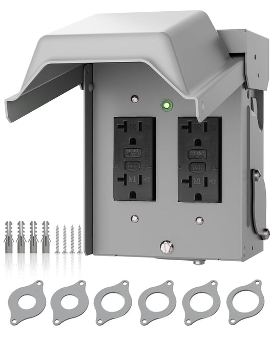 Outdoor Outlet Box with 20 AMP WRTR GFCI Receptacle, Weatherproof 3R Enclosure, Rainproof Metal Cover, Pre-Drilled Wiring Holes, Perfect for Patio Lights and Outdoor Power, ETL Listed