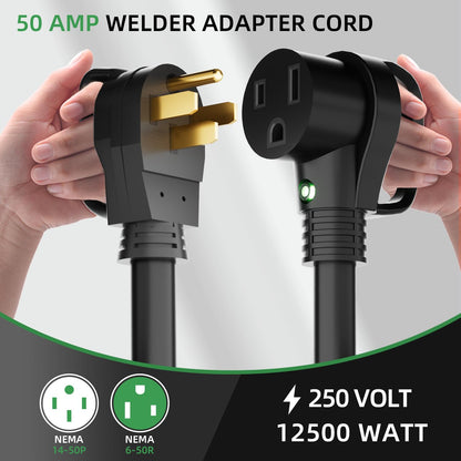6 AWG Welder Extension Cord 10FT, NEMA 14-50P to 6-50R Adapter, 50 Amp 250V 12500W, Heavy Duty 4-Prong to 3-Prong Welding Power Cord with Handles & LED Indicator, Generator to Welder Use