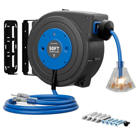 50 FT Retractable Extension Cord Reel, Heavy Duty 12AWG/3C SJTOW Power Cord, Lighted Triple Tap, 15A Circuit Breaker, Wall/Ceiling Mount Electric Cord Reel for Garage & Workshop, ETL Listed, Orange