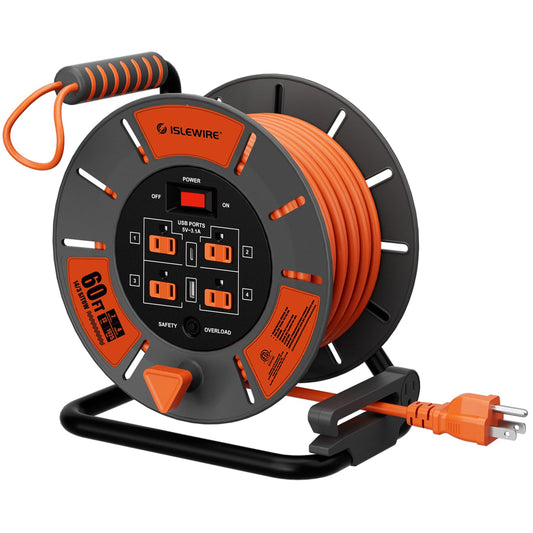60 FT Retractable Extension Cord Reel, 14AWG SJTOW Heavy Duty Power Cord with 4 Grounded Outlets, USB-A & USB-C Ports, 13A Circuit Breaker, Hand Crank for Indoor Outdoor Use, ETL Listed, Orange