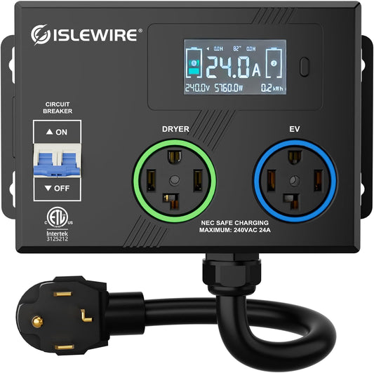 Smart Dryer Splitter for EV and Dryer, 240V Auto Power Switch for Dryer Outlet, 3-Color LED Ring, 3.4" LCD Display, No Rewiring Needed, ETL Certified (24 Amp, NEMA 14-30)