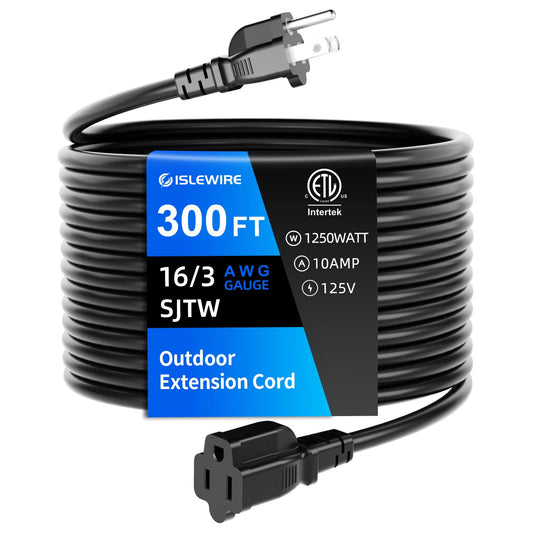 10 FT Outdoor Extension Cord Waterproof, Black, 3-Prong Power Cord, 16 AWG SJTW, 13A 1625W, Grounded, General Purpose Long Extension Cord for Lawn & Garden, ETL Listed