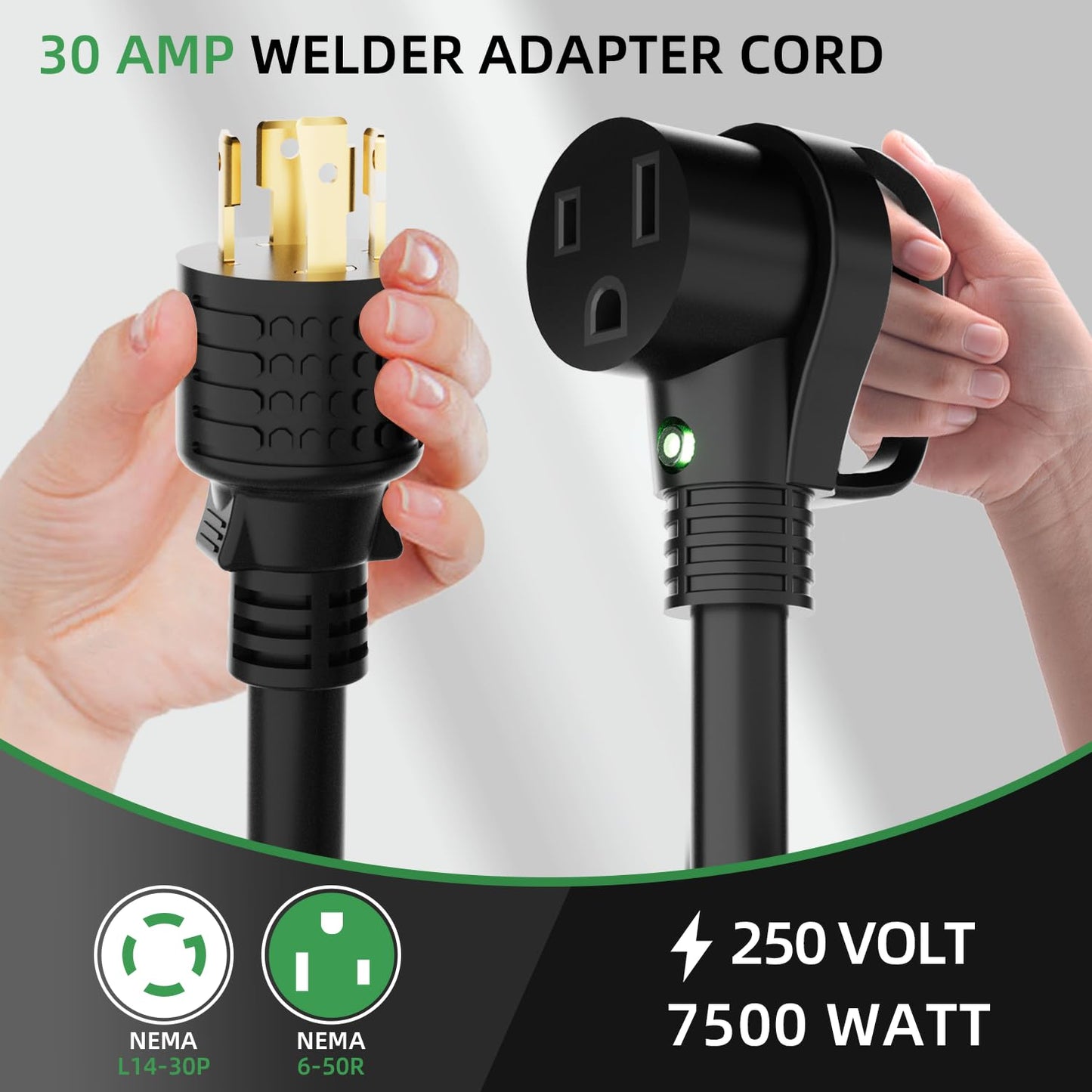 NEMA L14-30P to 6-50R Welder Adapter Cord 1.5FT, 4 Prong Twist-Lock Generator Plug to 3 Prong Welder Female Power Adapter with Handle and Lighted Indicator, 10 AWG Heavy Duty STW, 30 Amp 250V 7500W