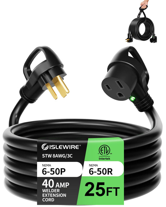 islewire 8 AWG 250V Welder Extension Cord, 25ft Heavy Duty NEMA 6-50 Extension Cord with LED Light and Handle, 40 Amp 3 Prong Welding Power Extension for Welding Machines, 8 Gauge STW, ETL Listed