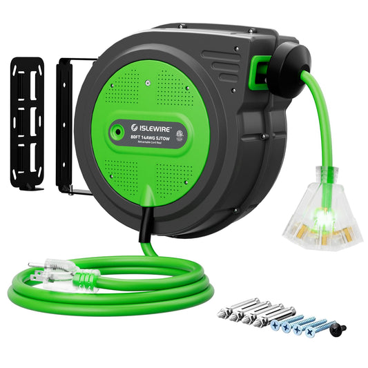 80FT Retractable Extension Cord Reel, 14 AWG/3C SJTOW Heavy Duty Power Cord with Lighted Triple Outlet, 13A Circuit Breaker, 180° Swivel Wall/Ceiling Mount Retractable Cord Reel, ETL Listed, Orange