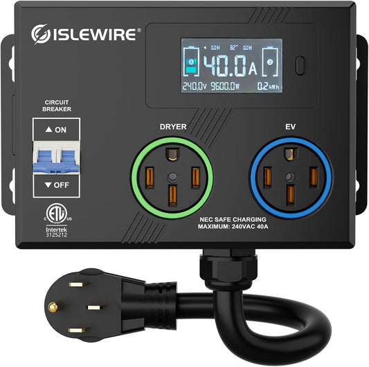 Smart NEMA Socket Splitter 240V for EVs, Auto Power Switch for Level 2 Dual Electric Vehicle (EV) Charging, 3-Color LED Ring, 3.4" LCD Display, No Rewiring Needed, ETL Certified (40 Amp, NEMA 14-50)