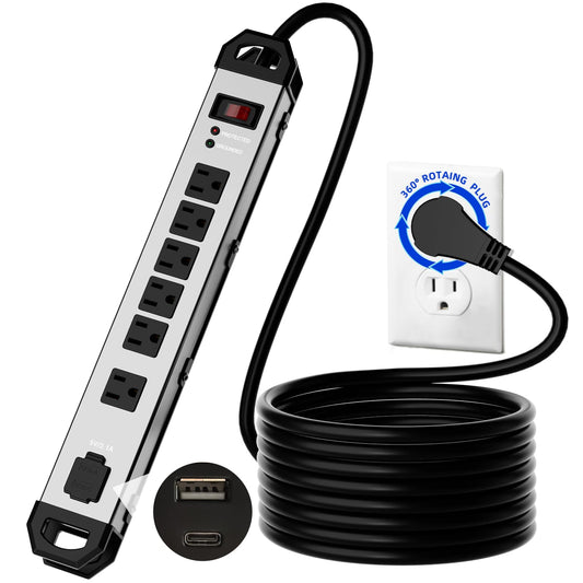 Heavy Duty Metal Power Strip Surge Protector 2100J, 6 Outlets & 2 USB, 15A Circuit Breaker, 6ft Power Cord, 360° Rotating Flat Plug, Wall Mountable for Garage Workshop Industrial, ETL Listed, Silver