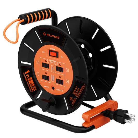 Extension Cord Storage Reel with 4-Grounded Outlets & 2 USB Ports, Heavy Duty Open Cord Reel for 12/3,14/3,16/3 Gauge Power Cord, Hand Wind Retractable, 15A Circuit Breaker, ETL Listed, Yellow