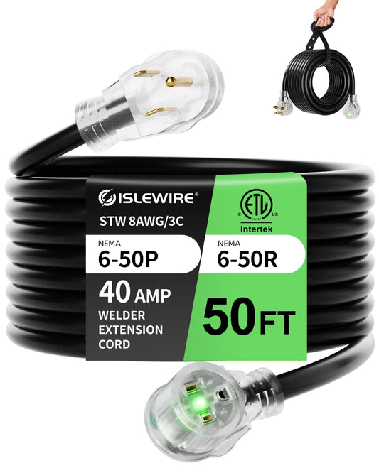 islewire 50ft 250V Welder Extension Cord, 8 Gauge Heavy Duty Outdoor Welding Cord with LED Indicator, NEMA 6-50P to 6-50R, 40 Amp 3 Prong Power Extension for Welding Machines, 8 AWG STW, ETL Listed