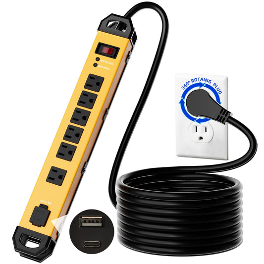Heavy Duty Metal Power Strip Surge Protector 2100J, 6 Outlets & 2 USB, 15A Circuit Breaker, 6ft Power Cord, 360° Rotating Flat Plug, Wall Mountable for Garage Workshop Industrial, ETL Listed, Silver