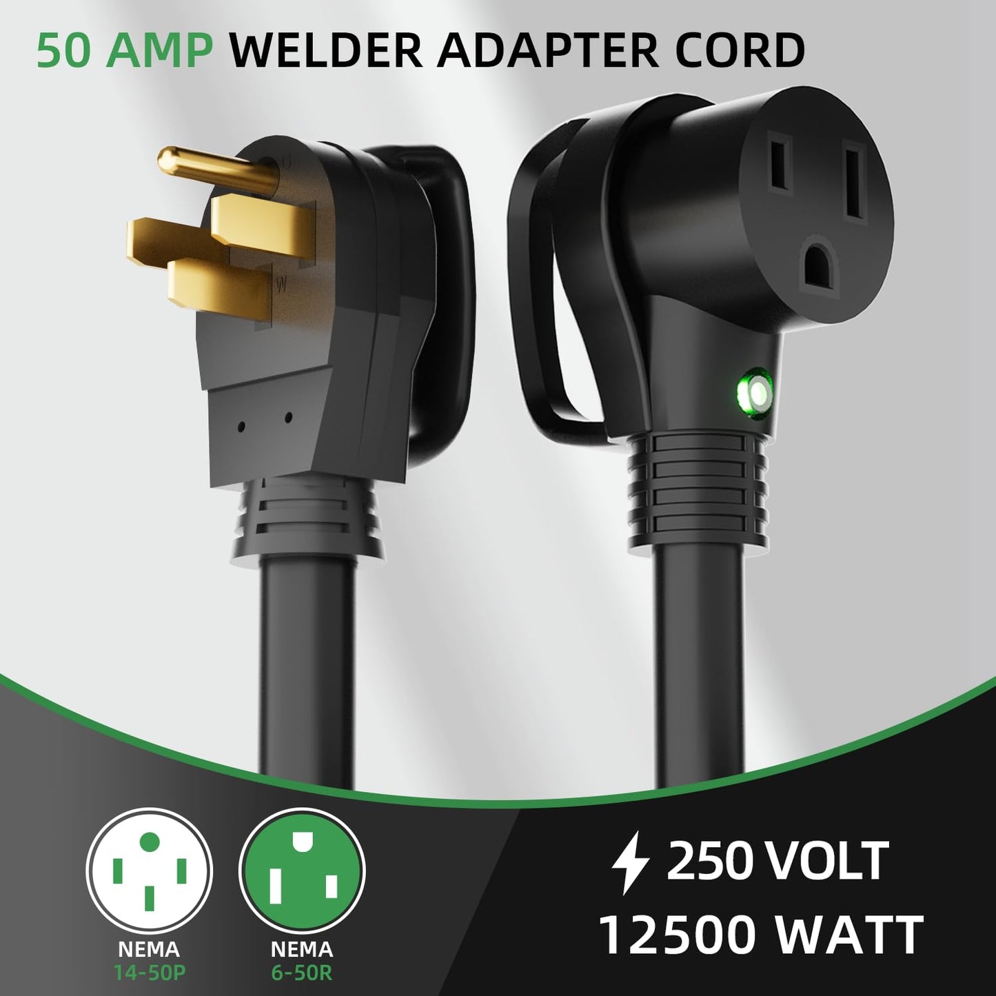 6 AWG Welder Extension Cord 10FT, NEMA 14-50P to 6-50R Adapter, 50 Amp 250V 12500W, Heavy Duty 4-Prong to 3-Prong Welding Power Cord with Handles & LED Indicator, Generator to Welder Use