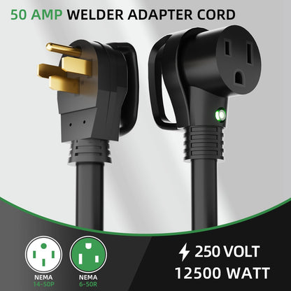 6 AWG Welder Extension Cord 10FT, NEMA 14-50P to 6-50R Adapter, 50 Amp 250V 12500W, Heavy Duty 4-Prong to 3-Prong Welding Power Cord with Handles & LED Indicator, Generator to Welder Use