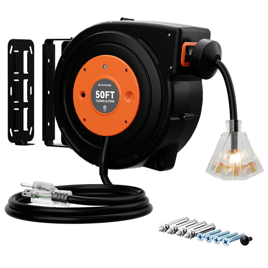 50 FT Retractable Extension Cord Reel, Heavy Duty 12AWG/3C SJTOW Power Cord, Lighted Triple Tap, 15A Circuit Breaker, Wall/Ceiling Mount Electric Cord Reel for Garage & Workshop, ETL Listed, Orange