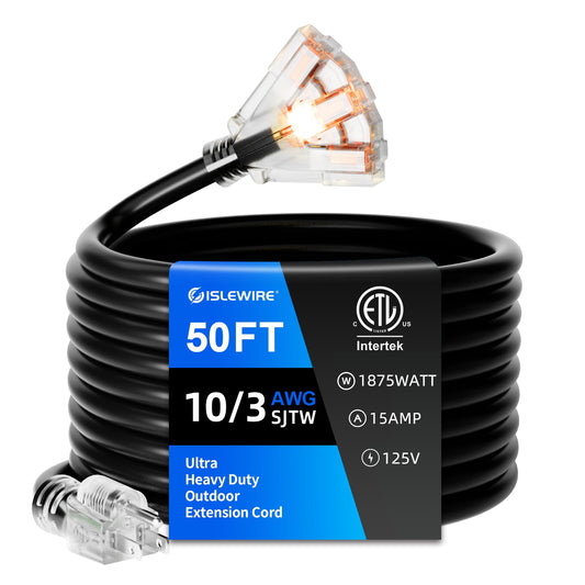 15FT 10 Gauge Outdoor Extension Cord with Multiple Outlets, Heavy Duty Waterproof 3 Prong Power Cord with Lighted 3-Outlets, 15A 1875W Black Extension Cord for Garage, Garden, Jobsite, ETL Listed
