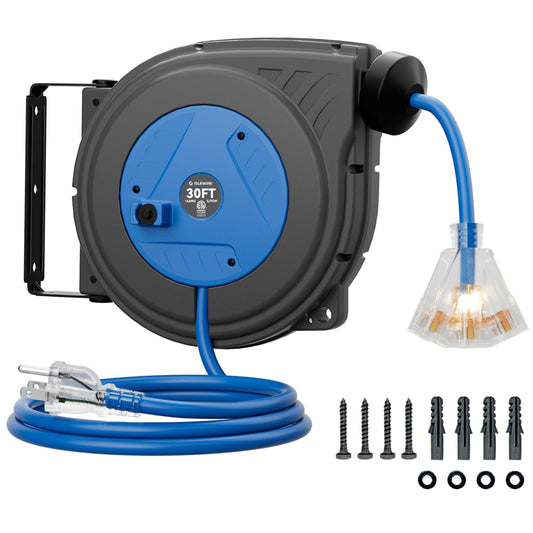 30FT Retractable Extension Cord Reel, 16AWG/3C SJTOW Heavy Duty Power Cord Reel with Lighted Triple Outlets, 10A Circuit Breaker, Lightweight Ceiling/Wall Mount Reel for Garage, ETL Listed, Blue