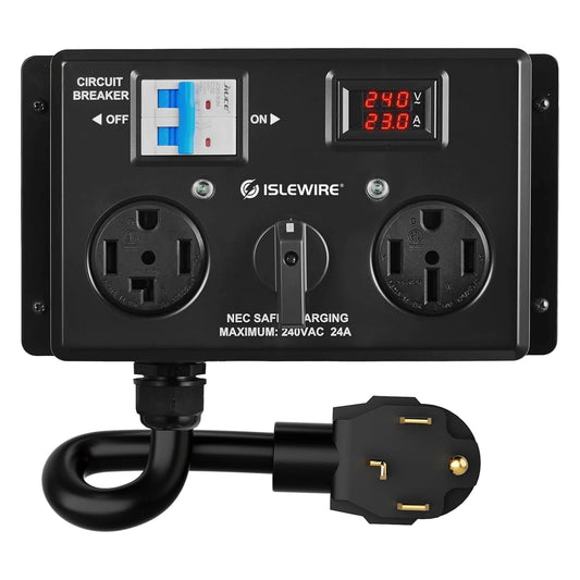 Manual EV Charging Switch for Dryer and EV, 24A 240V Power Splitter with Safety Breaker for Dryer Outlet, Hand-Operated Selector, Plug and Play, NEMA 14-30P to NEMA 14-30R & NEMA 14-50R, ETL Listed
