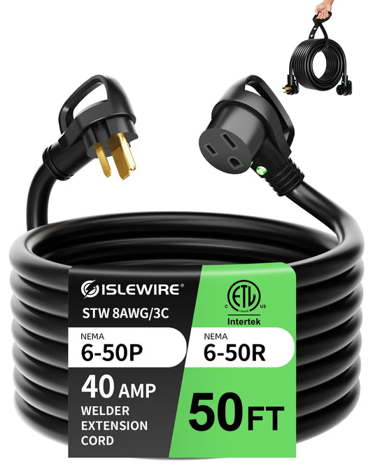 islewire 8 AWG 250V Welder Extension Cord, 50ft Heavy Duty NEMA 6-50 Extension Cord with LED Light and Handle, 40 Amp 3 Prong Welding Power Extension for Welding Machines, 8 Gauge STW, ETL Listed