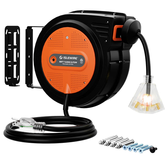 80FT Retractable Extension Cord Reel, 14 AWG/3C SJTOW Heavy Duty Power Cord with Lighted Triple Outlet, 13A Circuit Breaker, 180° Swivel Wall/Ceiling Mount Retractable Cord Reel, ETL Listed, Orange