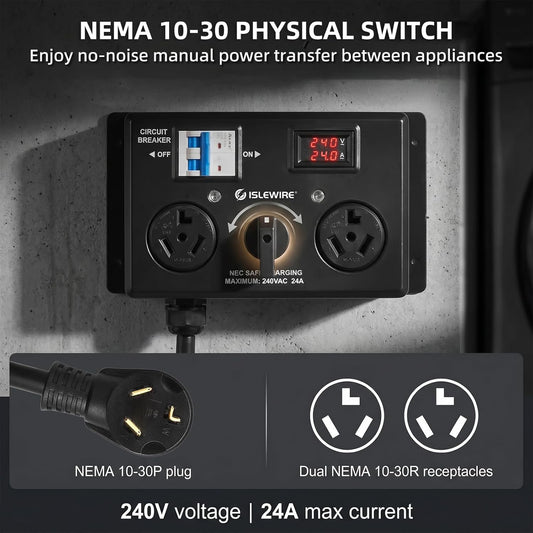 NEMA 10-30 Dryer EV Charging Switch, 240V 24A Max Manual Splitter Switch for Dryer & EV with Circuit Breaker, Real-Time LCD Display, Plug and Play Physical Hand-Operated Selector, ETL Listed