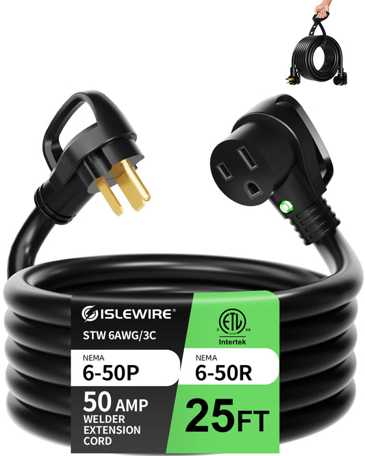 islewire 6 AWG 250V Welder Extension Cord, 25ft Outdoor NEMA 6-50 Welder Cord with Light and Handle, 50 Amp 3 Prong Welding Extension Cord for Welding Machines and EV Charger, 12500W, ETL Listed