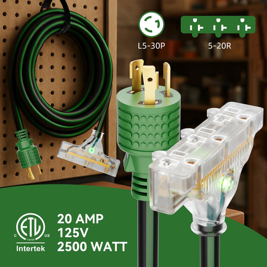 25FT Generator Extension Cord, NEMA L5-30P to Triple 5-15R/5-20R, 10 Gauge 30 Amp to 110V Twist Lock Power Cord with LED Indicator, ETL Listed Heavy Duty Power Adapter for RV, Jobsite, Backup Use
