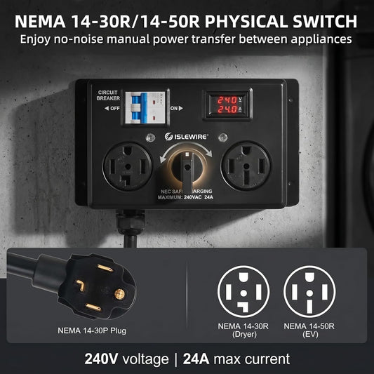 Manual EV Charging Switch for Dryer and EV, 24A 240V Power Splitter with Safety Breaker for Dryer Outlet, Hand-Operated Selector, Plug and Play, NEMA 14-30P to NEMA 14-30R & NEMA 14-50R, ETL Listed