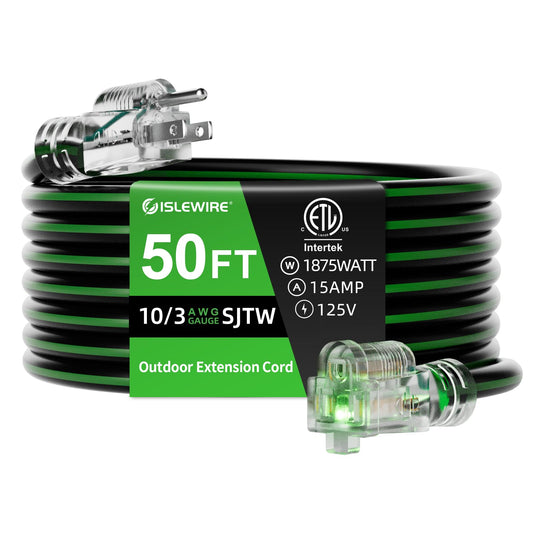 100FT 10/3 Outdoor Extension Cord, 10 AWG Ultra Heavy Duty 3-Prong SJTW, Waterproof, Flexible Cold-Resistant, Indoor/Outdoor, LED Lighted End, 15 Amp 1875W, Black & Green, ETL Listed