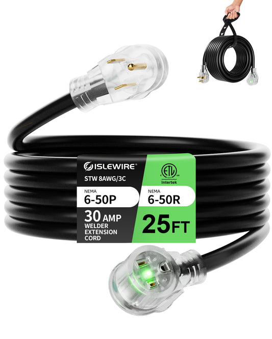 50ft 250V Welder Extension Cord, 8 Gauge Heavy Duty Outdoor Welding Cord with LED Indicator, NEMA 6-50P to 6-50R, 30 Amp 3 Prong Power Extension for Welding Machines, 8 AWG STW, ETL Listed
