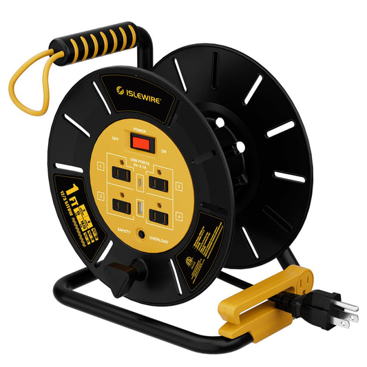 Extension Cord Storage Reel with 4-Grounded Outlets & 2 USB Ports, Heavy Duty Open Cord Reel for 12/3,14/3,16/3 Gauge Power Cord, Hand Wind Retractable, 15A Circuit Breaker, ETL Listed, Yellow